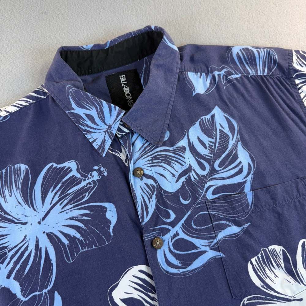 Billabong Bamboo Shirt Mens Aloha Fit Tropical Hibiscus Floral Navy Blue Medium
